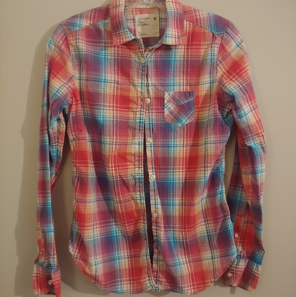 American Eagle Pink & Turquoise Plaid Shirt